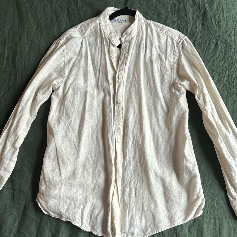 Zara linen blend collarless button-up (M)